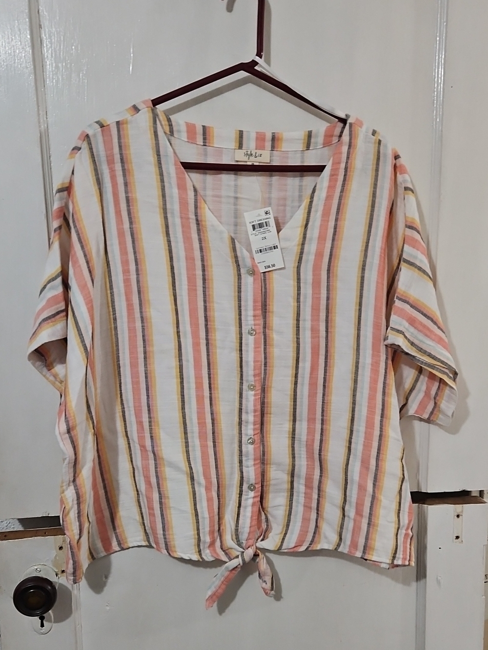 Style & Co. Multi-Stripe Tie-Front Button Shirt - Coral, Mustard, Navy, Cream